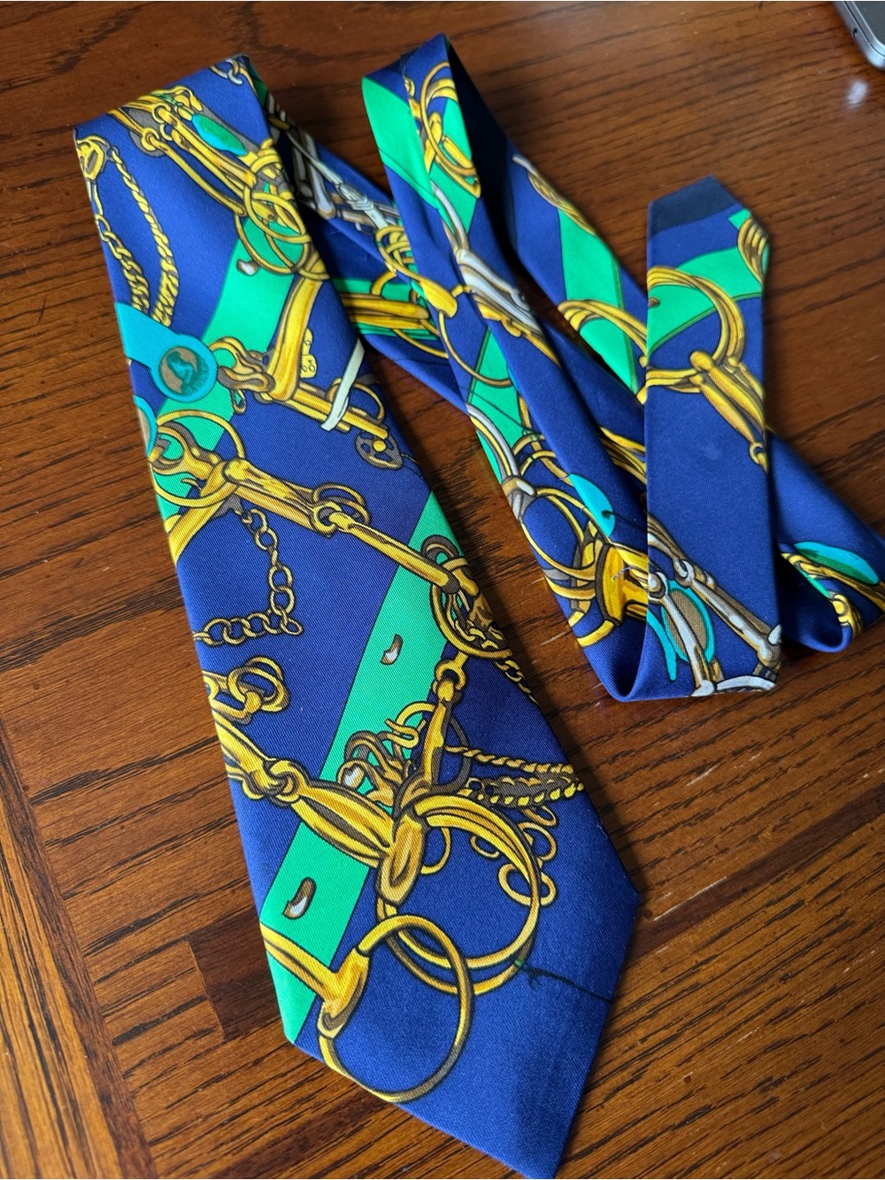 Hermes Paris 100% Silk Neck Tie Green Gold Equestrian Bit Chain Horse - Picture 2 of 7